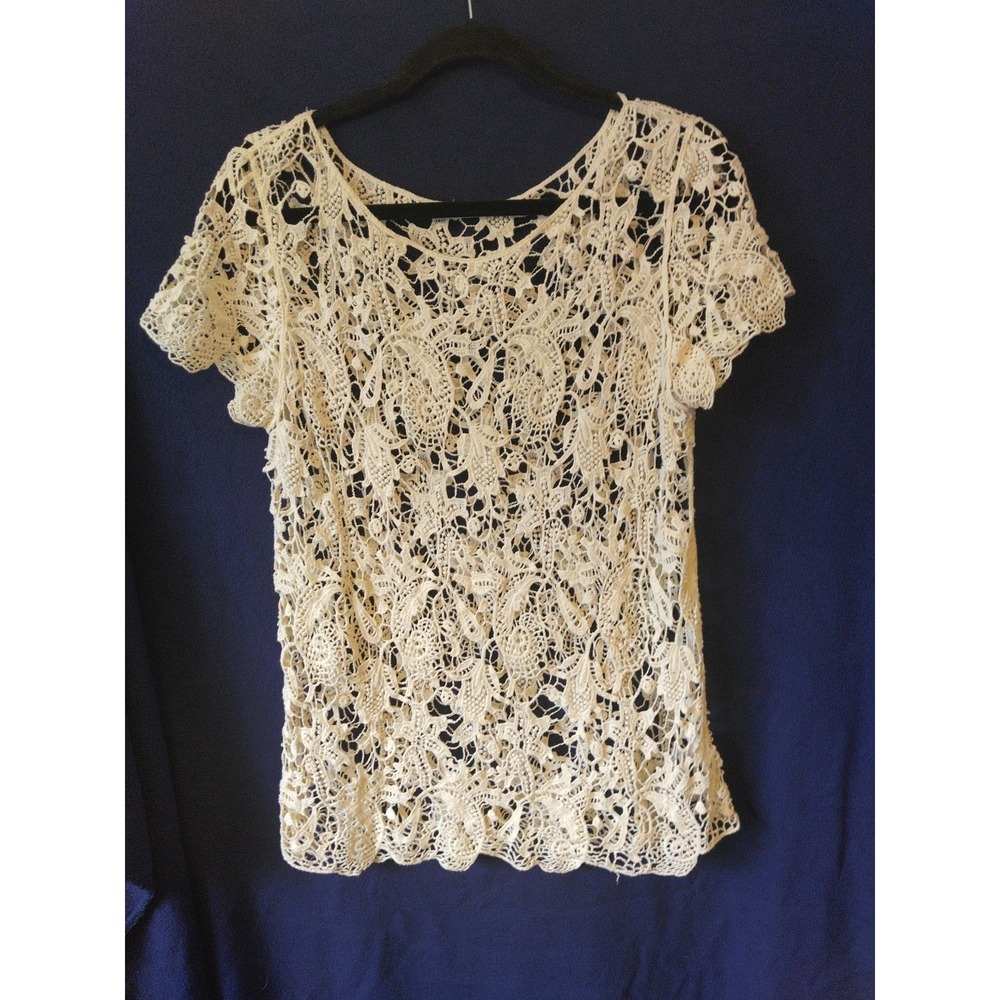 Women's Open Knit Crochet Tunic Top Size L Boho Coquette Cottage Festival
